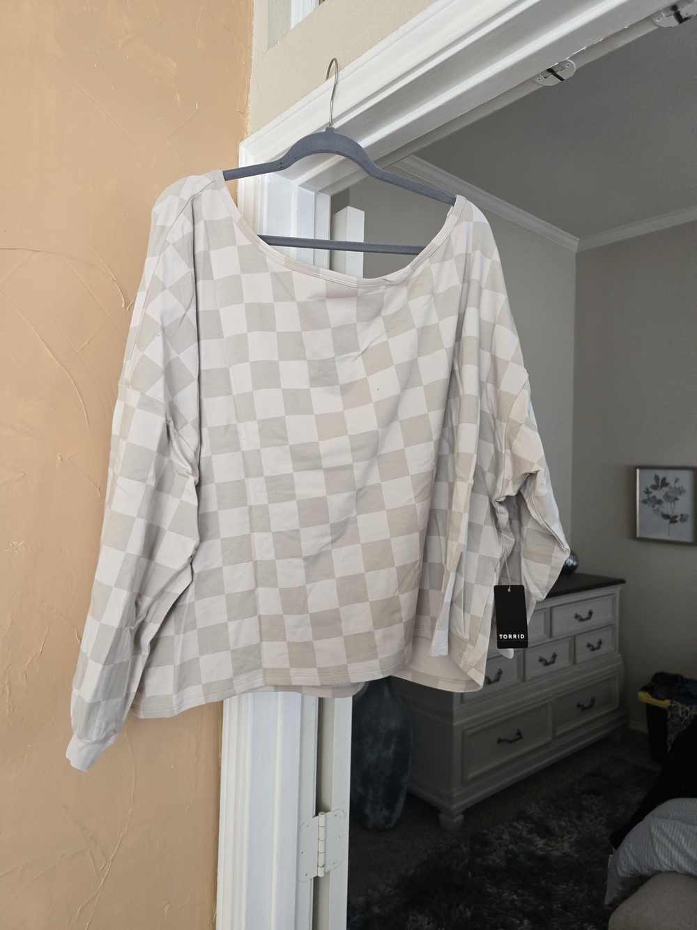 torrid Beige and White Checkered Boatneck Sweatshirt